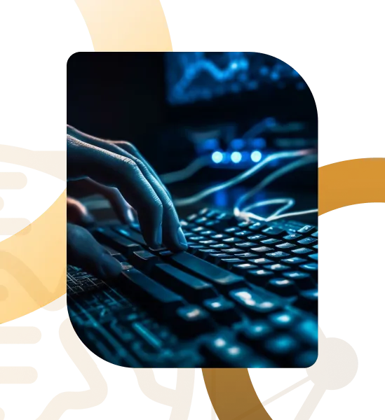 Hands typing on a laptop with data visualisations above the keyboard