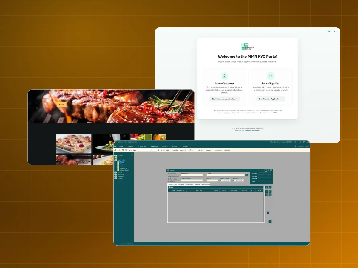 Screens from systems built by Presshift Technology: a KYC portal, a digital restaurant menu and the ERPMOZ invoicing window