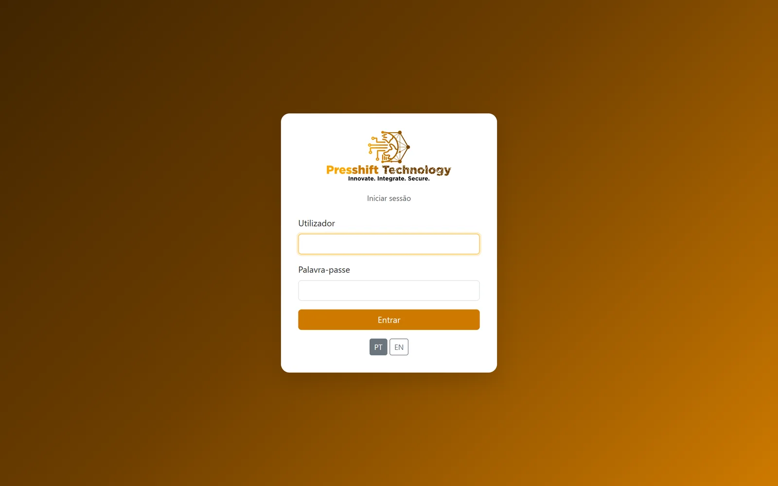 Sign-in screen of the web management platform, in Portuguese and English