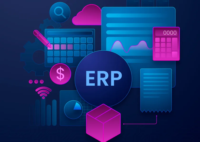 ERPMOZ illustration with invoicing, stock and reporting icons