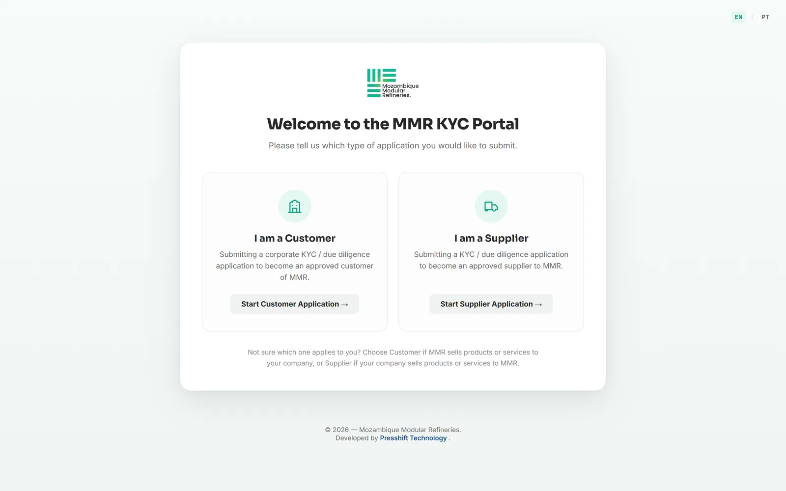 KYC portal entry screen with the customer and supplier application paths
