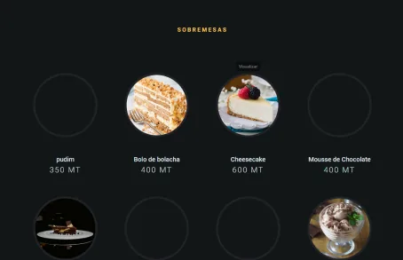 Página pública do menu com sobremesas, fotografias e preços