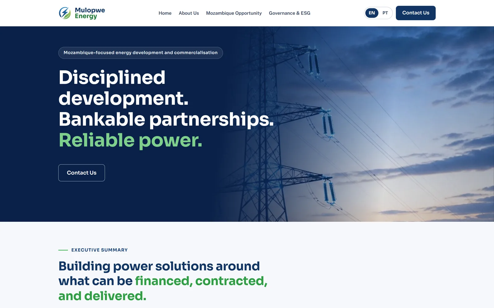 Mulopwe Energy home page with transmission towers at dusk