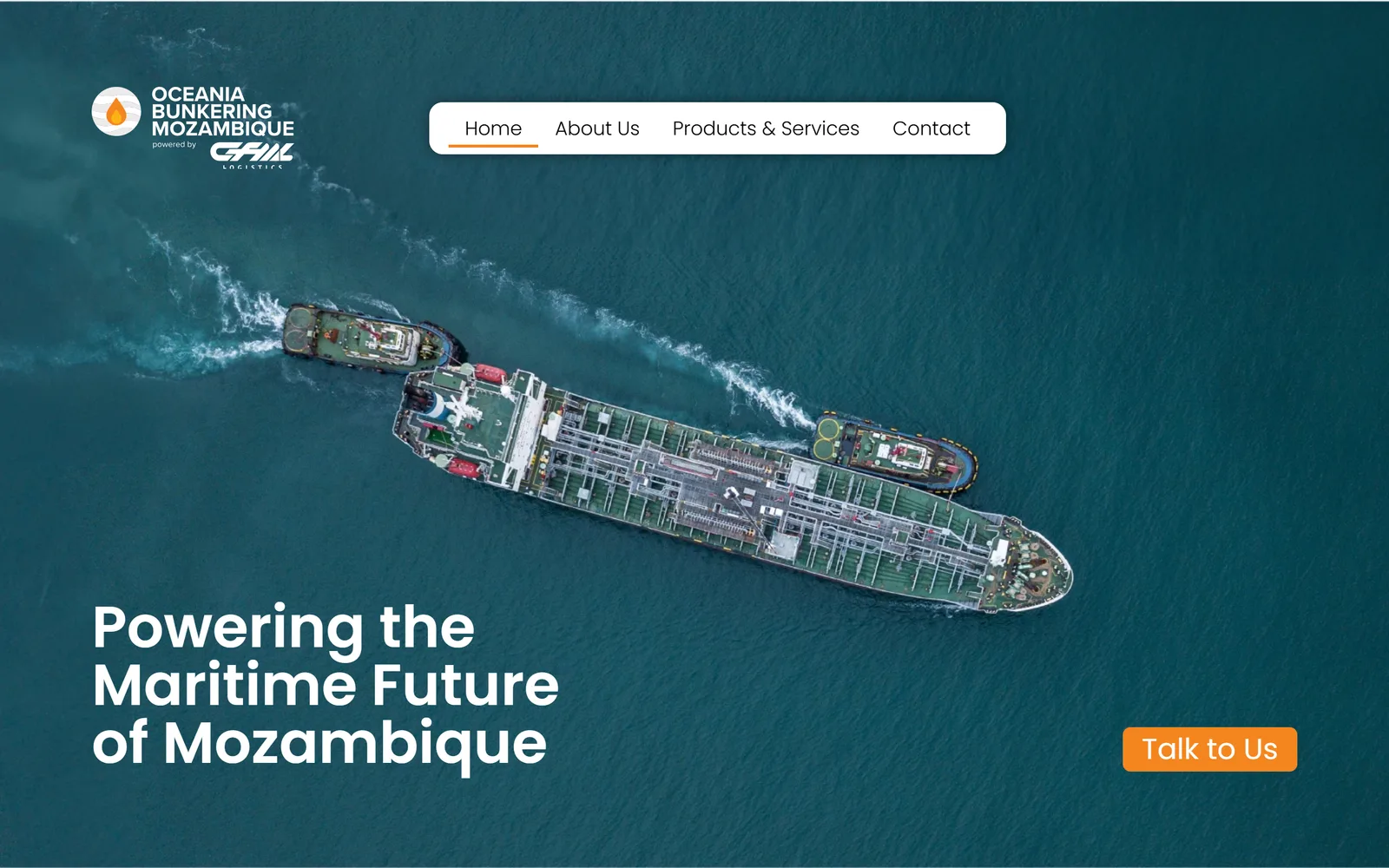 Oceania Bunkering home page with an aerial view of a bunkering operation at sea