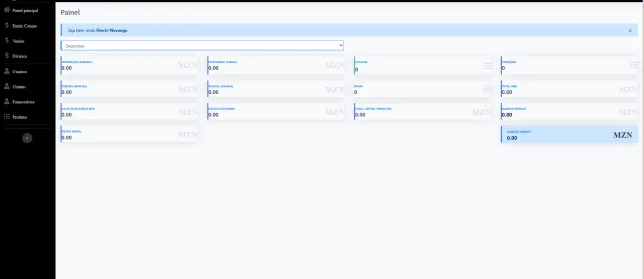 Web sales dashboard with financial indicators in meticais