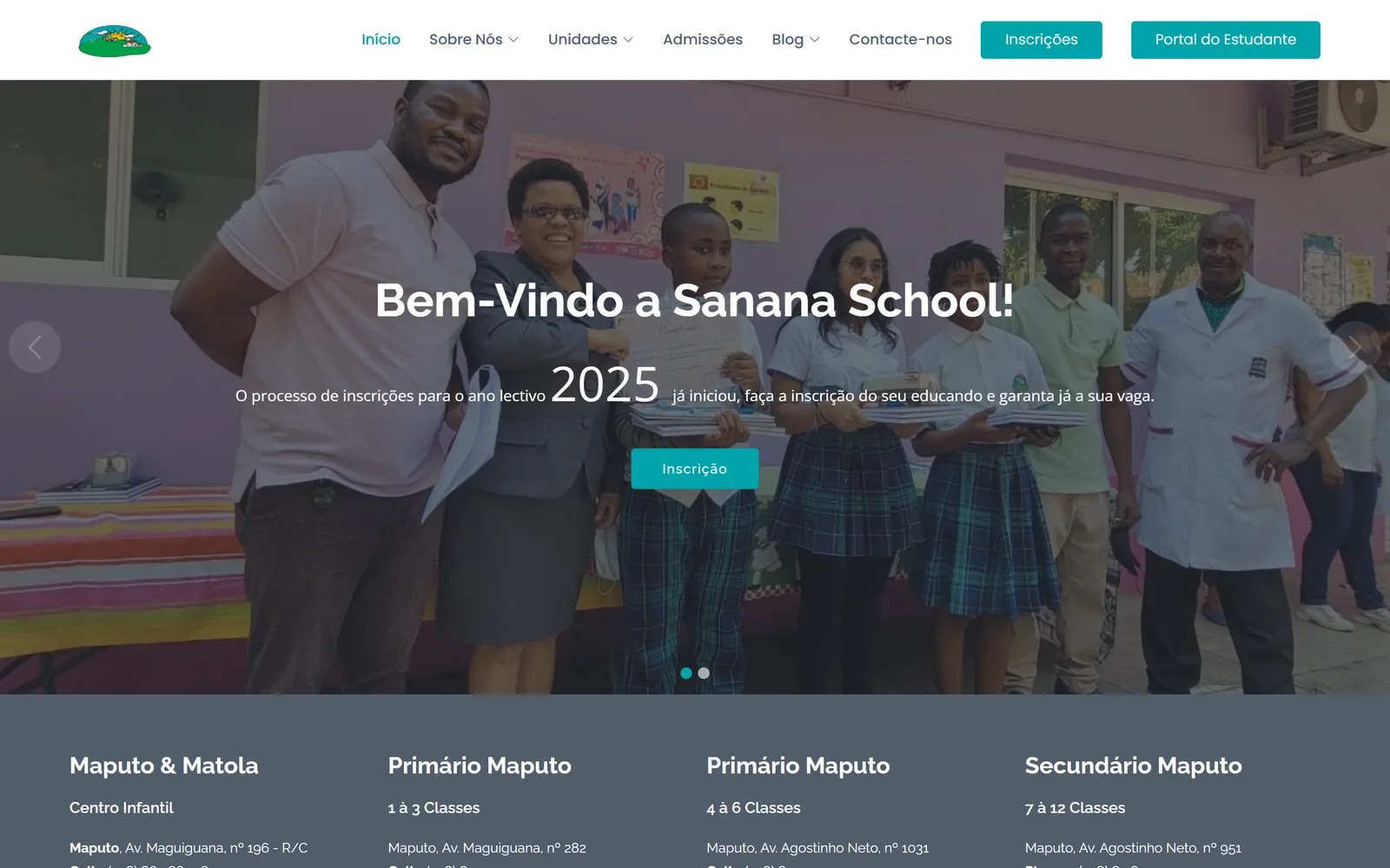 Sanana School home page with a photograph of an award ceremony