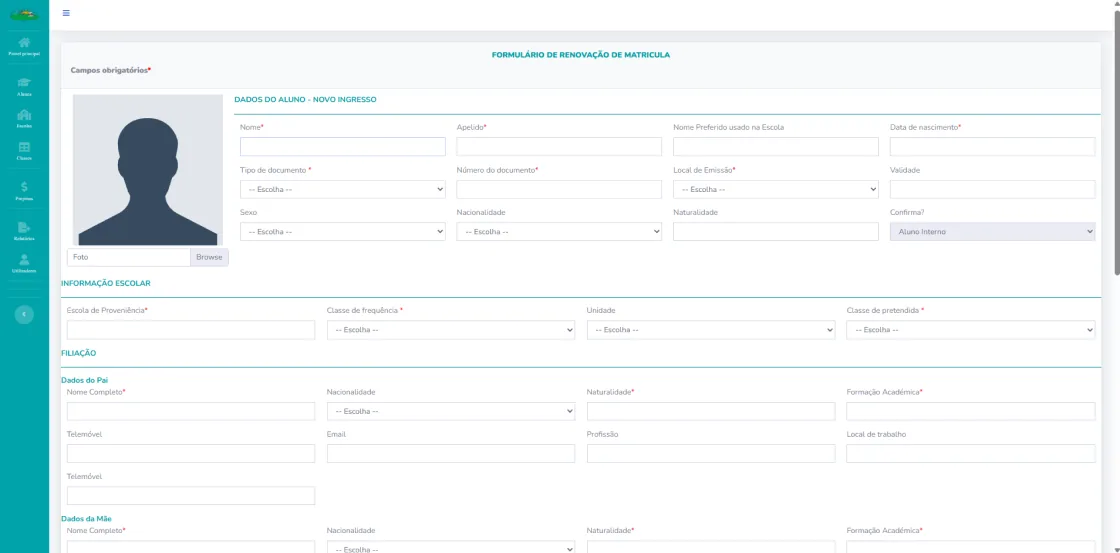School enrolment form with student, school and family details